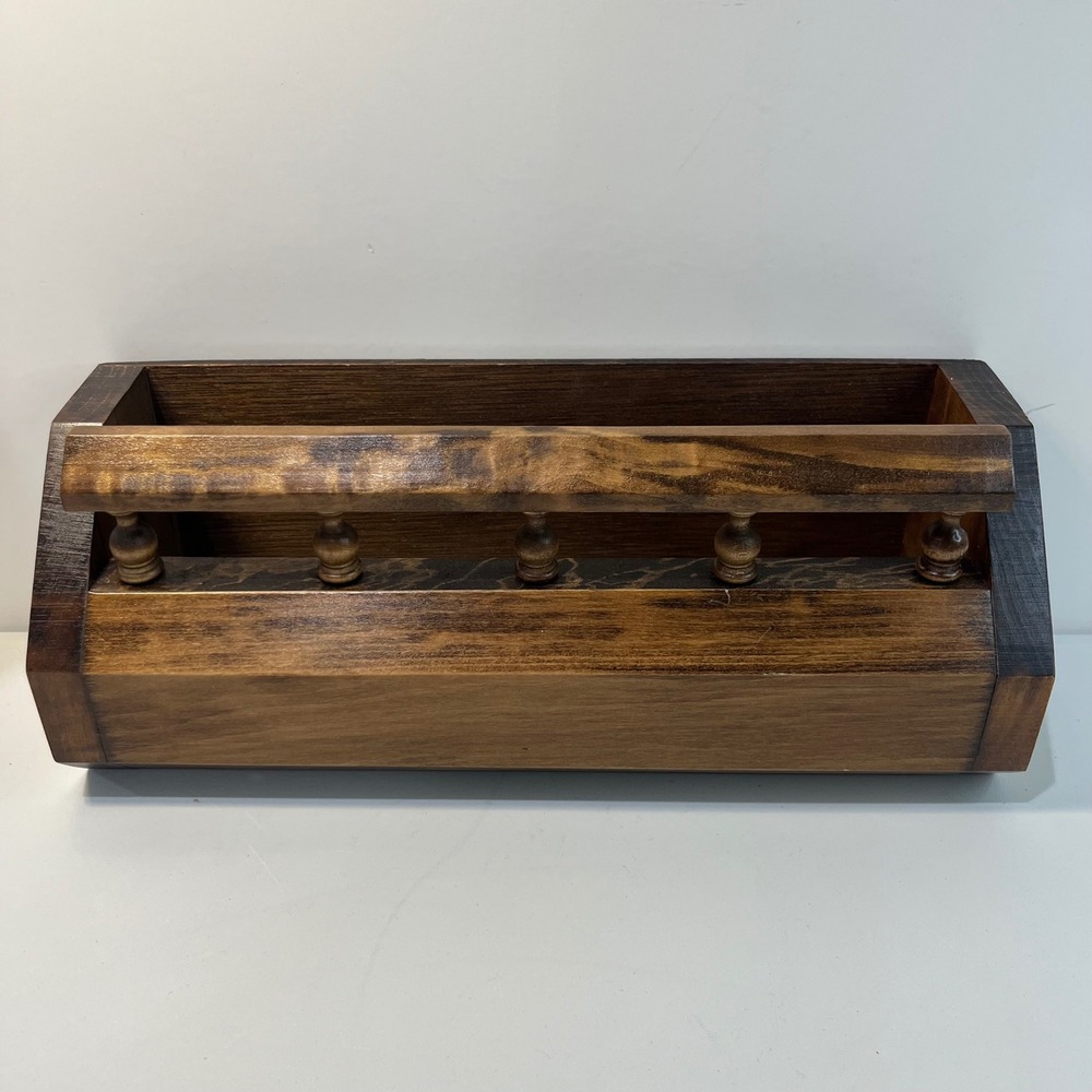 Vtg Rustic Wooden Organizer Caddy Planter Holder Tray Decor Spindles Natural MCM